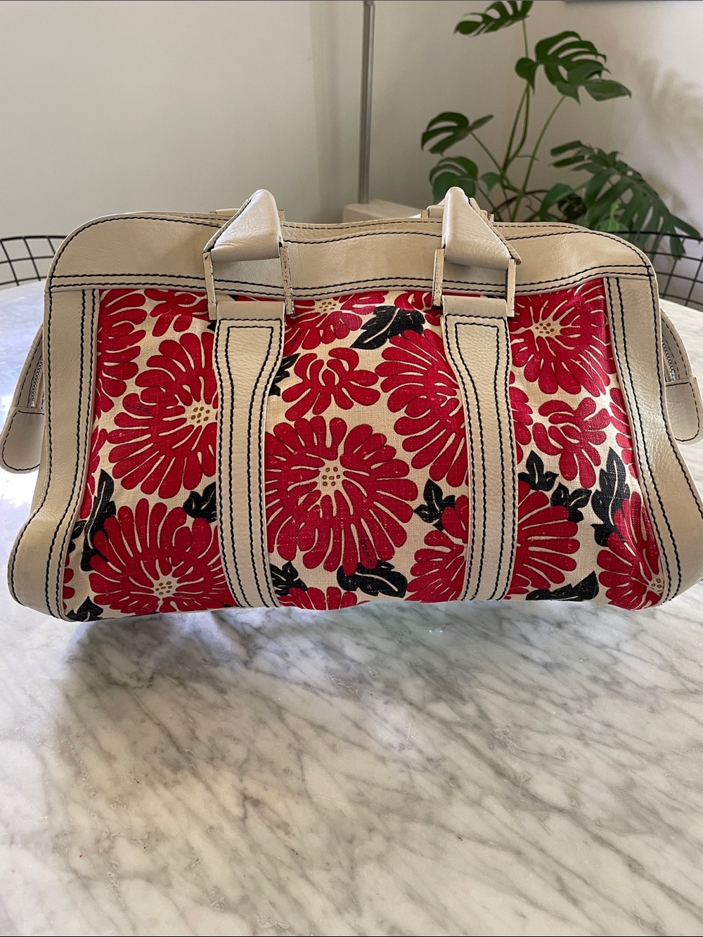 Fendi Cream and Red Floral Canvas and Leather Satchel Bag